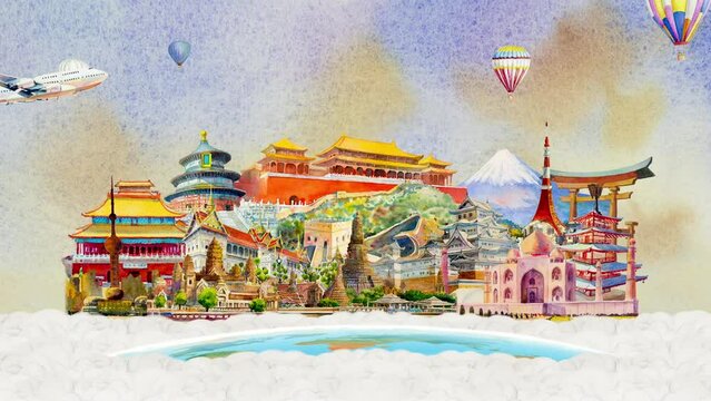 Travel Asia landmark with watercolor painting animation travel famous landmarks of the worlds in Asia, Travel Asian with airplane and hot air balloons in advertising popular tourist attraction.