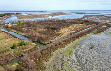 Salt marsh and canals on Torcello island, Venetian lagoon in Italy