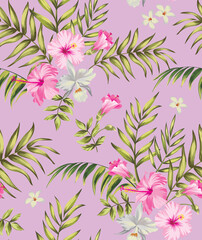 Tropical vector seamless background. Jungle pattern with exotic flowers and palm leaves. Stock vector. Summer vector vintage wallpaper.