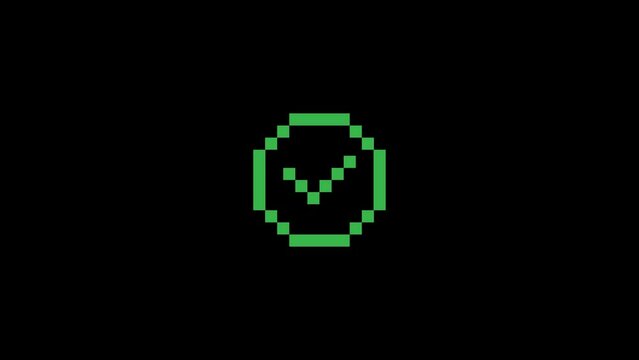 pixel animation of checkmark icon. 4k video on green background Check,tick; yes; vote 8 bit game
