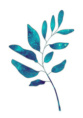 Branch leaves eco blue in watercolor style on white background. Leaves on a branch to decorate the design. High quality illustration