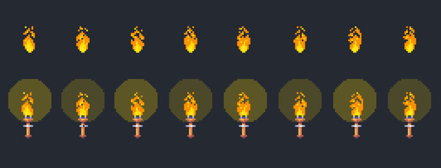 Pixel frame-by-frame animation of fire. A torch with a translucent glow.