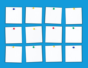 Sticky notes background. Reminder cards pinned to blue wall. Office message texture. Empty copy space blank paper. Memo cards background. Twelve steps method.