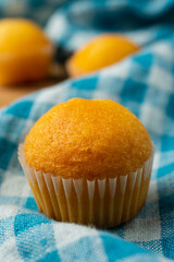 Top view of small cupcakes on blue checkered dishcloth, selective focus, vertical