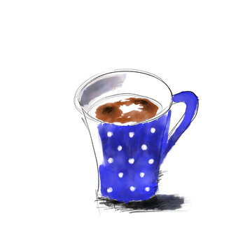 青の水玉カップのコーヒー