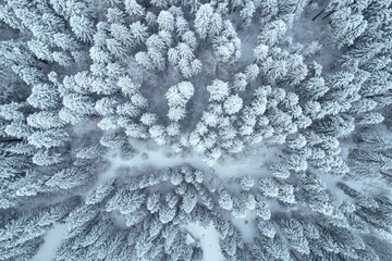 Top down view of a winter landscape with snow covered forest trees in the mountain 