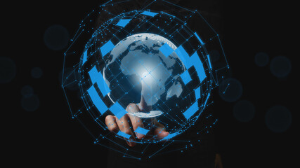 The businessman touches the projection of the planet. Concept of globality of customer network structure, data exchange connections, digital marketing, communication network and internet business.