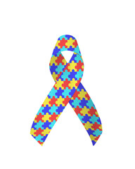 World Autism Awareness day with puzzle or jigsaw pattern ribbon isolated with clipping path on white background for mental health care concept for autistic children and adult