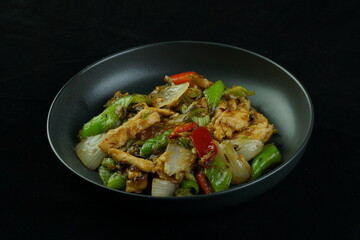 Roast with chicken, mushrooms, broccoli and peppers - Chinese food. top view. far eastern food