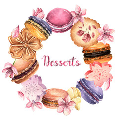 Watercolor illustration. Dessert with sakura, pie, Cherry Higashi Candy, macaron, cookies. handmade, postcard, print on t-shirt