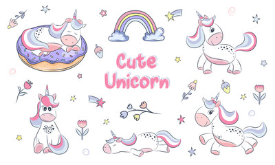 Fototapeta na wymiar Set of cute cartoon unicorns with magic elements. Vector illustration isolated on a white background. Birthday, party concept. For sticker, embroidery, design, decoration, print, t-shirt, dishes
