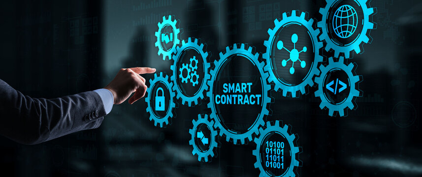 Smart contract. Modern Business technology. Businessman presses virtual button smart contract text on a touchscreen