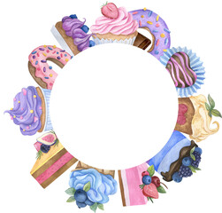 Round watercolor frame with cupcakes and donuts