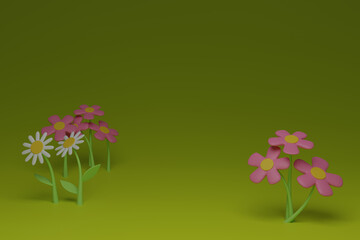 3d render background with growing flowers, plasticine cartoon style.