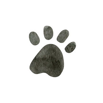 Watercolor illustration cute animal paw print. Hand painted watercolour drawing in black color on white background, isolated element for design.