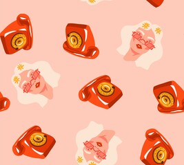 Hand drawn vector abstract stock flat graphic illustration print with retro ,vintage boho modern seamless pattern with retro hippie illustrations on color background.