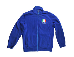 Blue sports jacket with a zipper with the inscription Italy isolated on a white background. 