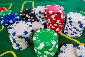 beautiful poker pattern from above on a green spacious new poker table. Poker game concept. Excitement concept