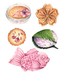 Watercolor illustration. Dessert with sakura. Set with green tea, cookies, sakura mochi, taiyaki, biscuit cake, handmade, postcard, print on t-shirt