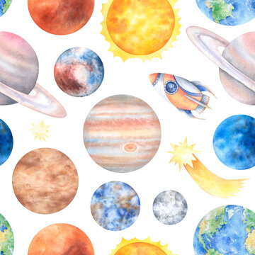 Seamless pattern on the space theme. Solar system objects. Planets, meteorites, stars, rocket. Hand drawn watercolor illustration. Image for textiles, children's decor, wallpaper, wrapping paper.