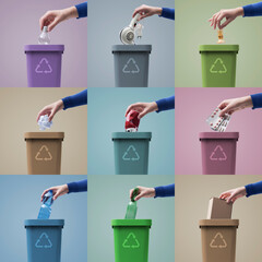 Hands putting different types of waste in garbage cans
