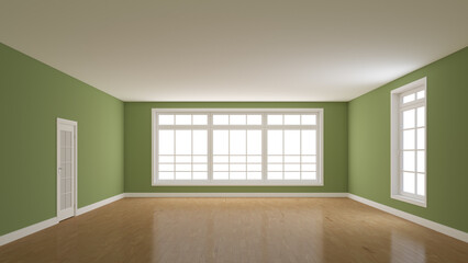 Interior with Green Walls. Concept of an Empty Room with Parquet Floor, White Plinth with a Large Full Wall Window, a White Door and a Window Opposite. 3D rendering with a Work Path on Windows