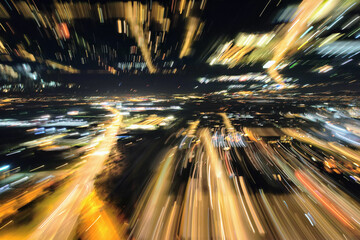 Drone shot abstract image of speed motion light trails in the city at night 