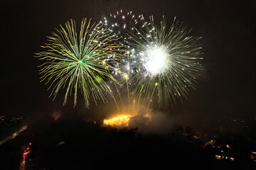 Big display of New Year celebration fireworks against a dark night sky 
