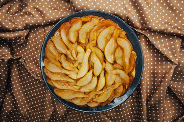 French pear tart or pie with fresh pear fruits. La Tarte Bourdaloue.