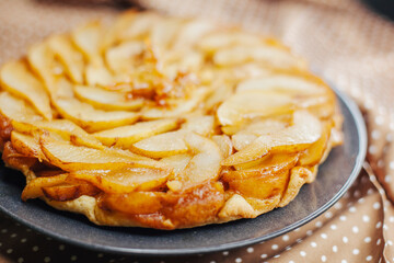 French pear tart or pie with fresh pear fruits. La Tarte Bourdaloue.