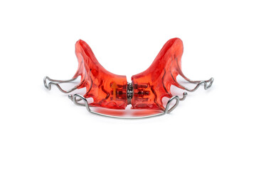 REMOVABLE WIRE RETAINER ON WHITE BACKGROUND. ORTHODONTICS TREATMENTS. MOUTH HEALTH CARE CONCEPT. © Rafa Jodar
