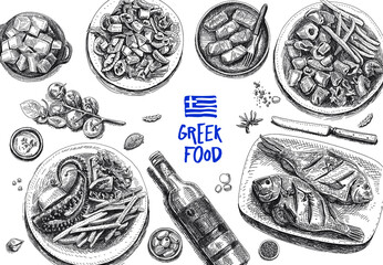 Greek food frame. Sketchy vector hand-drawn illustrations.