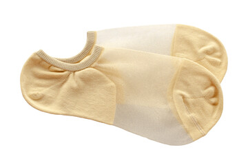 Beige short transparent sock isolated on white background, top view. Pair of short beige transparent socks, isolated on a white background, top view. Beige ffootprints isolated on white background.