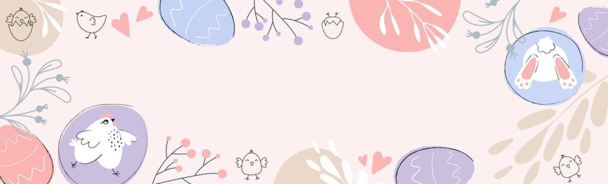 Happy Easter. Festive hand painted banner in pastel colors with place for text. Traditional Easter symbols. Chicken, rabbit, eggs, chickens. Horizontal poster, greeting card, header for the site.