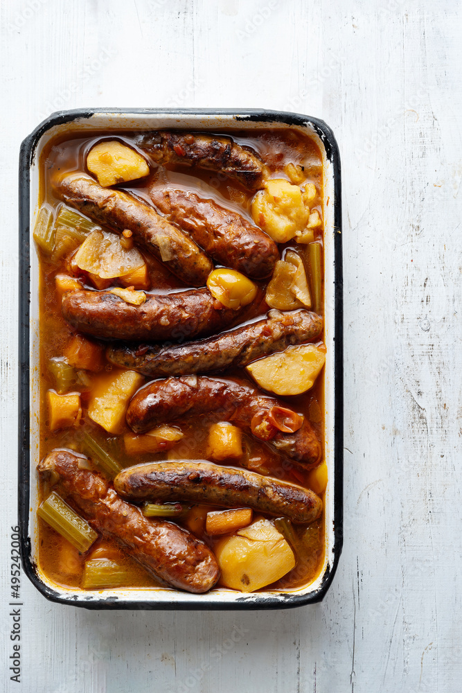 Poster rustic english sausage casserole comfort food