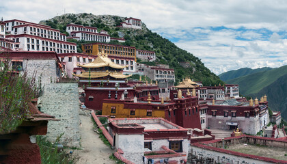 Ganden Monastery located at the top of Wangbur Mountain is one of the "great three" Gelug university monasteries of Tibet