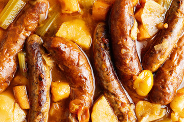 rustic english sausage casserole comfort food background