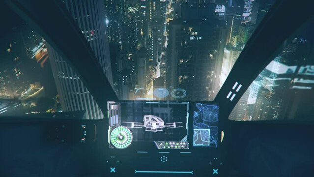 Autonomous driverless aerial vehicle flying on city background, Future transportation with 5G technology concept
