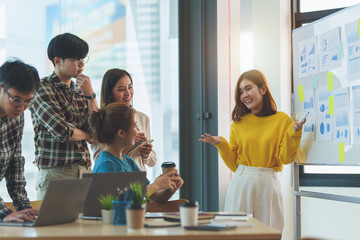 Multiracial corporate business team discuss and consult to offer new idea at exclusive meeting room. finance concept.