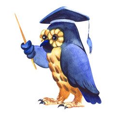 Hand painted watercolor illustration. Learned owl teacher with a pointer in his hands and a cap of a master of science. Cute cartoon character. Decorative element Drawn on white background