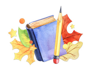 Hand painted watercolor illustration. A closed book with blue cover. Yellow green orange autumn leaves and pencil with eraser. Symbol of education knowledge Decorative element on white background.