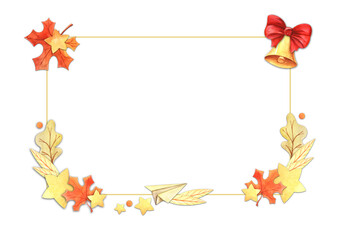 Frame with autumn leaves, stars, balls. For holiday photography. The corners with a golden bell, a red bow. Hand painted watercolor illustration. Decorative element Drawn on white background