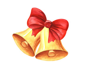 Bunch of two yellow golden bells tied with a red ribbon with a bow. Hand painted watercolor illustration. Decorative element Drawn on white background