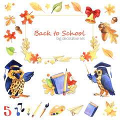 Set of decorative elements. Autumn Back to school theme. Yellow, orange leaves. Books, pencils, brush palette. Owl teacher, bell red bow. Hand painted watercolor illustration, on white background.