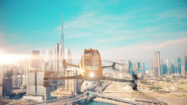 Front view of autopilot taxi drone flying above futuristic city. Aerial view of the Taxi copter and Dubai city at the background.