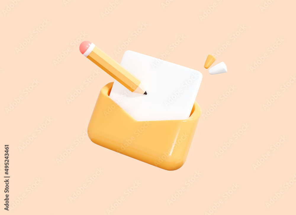 Poster 3d letter with pen. written message in envelope. realistic icon for app isolated on background. elem