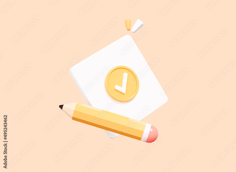 Poster 3d icon with check mark on paper note with pencil. confirmed or approved document. realistic element