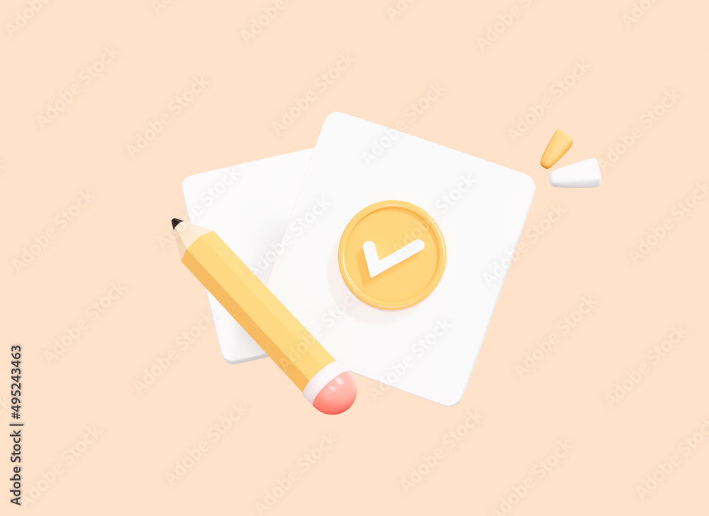 Poster 3d realistic documents icon with check mark and pen. paper notes with tick. completed task. cartoon 