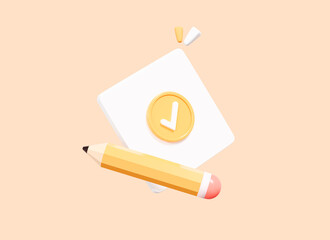 3D icon with check mark on paper note with pencil. Confirmed or approved document. Realistic elements isolated on background. 3D Rendering