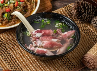 Small roll soup in a dish isolated on mat side view on dark wooden table taiwan food